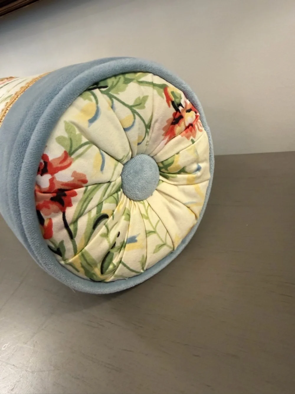 Vintage Bolster Pillow Floral Chintz & Blue Velvet Fabric Gold Trim Button Ends - Picture 5 of 9